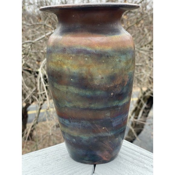 7.25" Vintage 20th C. Raku Iridescent Glazed Pottery Ceramic Vase Ramer Art - Picture 6 of 13